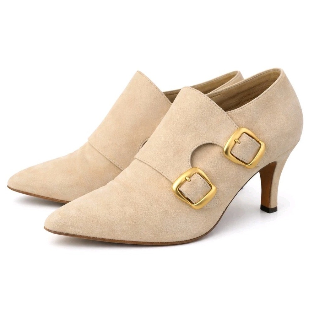 St. John Ivory‎ Suede Gold Buckle Heels Made in Italy 7 AA Steampunk Victorian